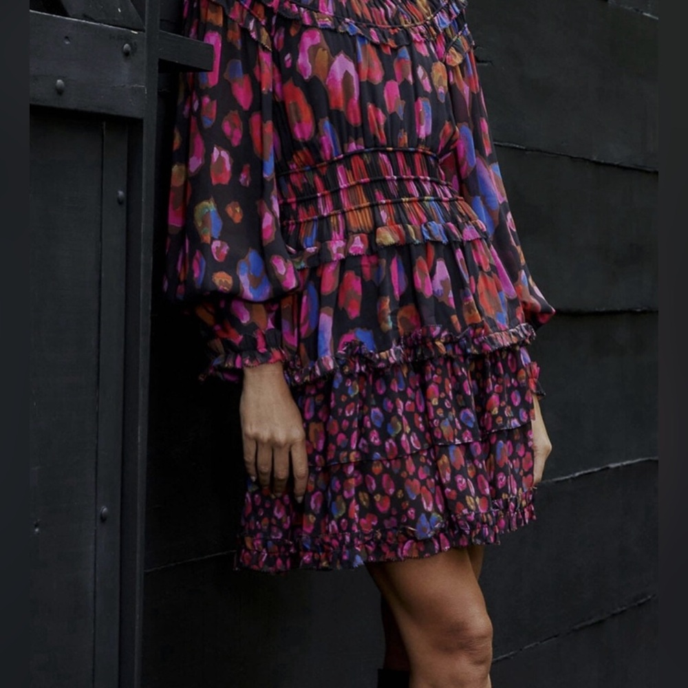 NWT!! Farm Rio XS Iridescent Leopard  Mini Dress Black Pink Tiered Long Sleeve
